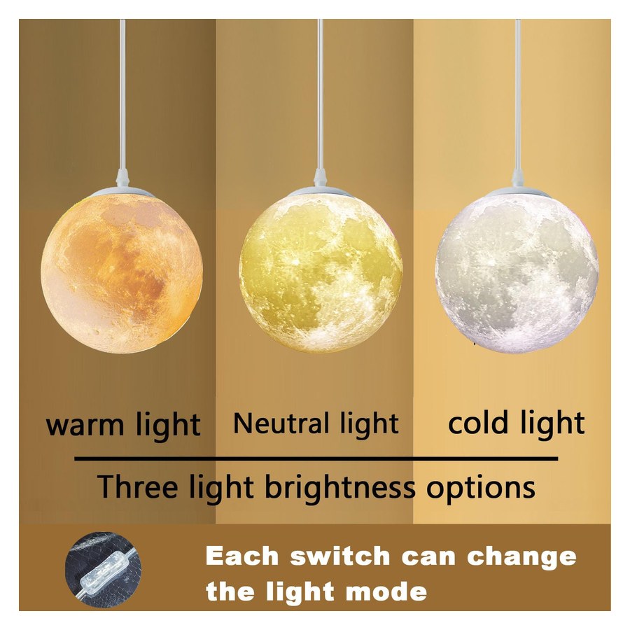 3D-printed moon pendant light shown in three different light settings